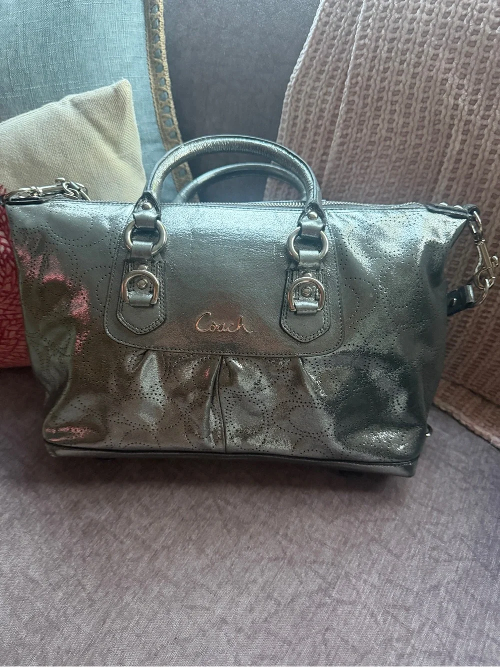 Coach Metallic Silver Leather Satchel with Perforated Detail
